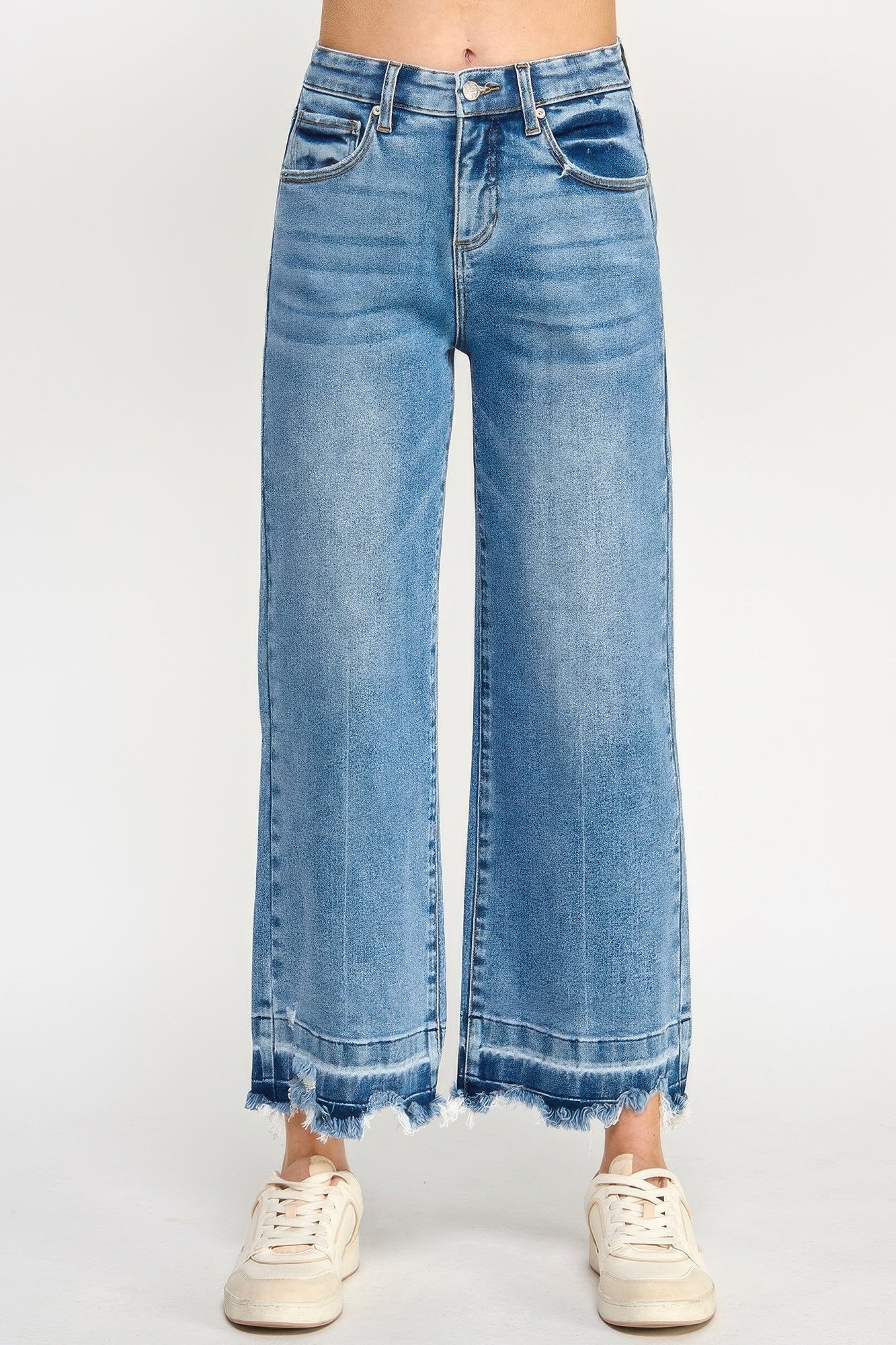 LuxeHaven™ high-rise cropped wide-leg jeans with tummy control waistband, released hem detailing, and relaxed denim silhouette.
