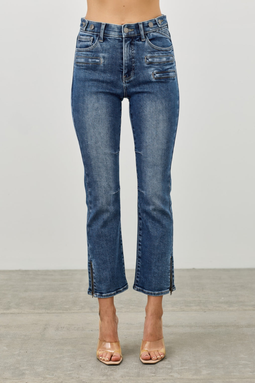 LuxeHaven™ mid-rise cropped skinny jeans with tummy control panel, stretch denim fabric, and classic five-pocket styling.