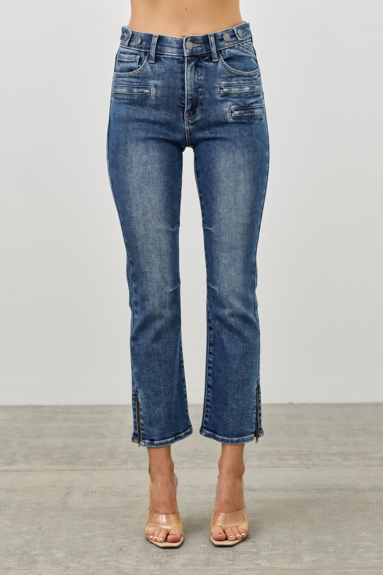 LuxeHaven™ mid-rise cropped skinny jeans with tummy control panel, stretch denim fabric, and classic five-pocket styling.
