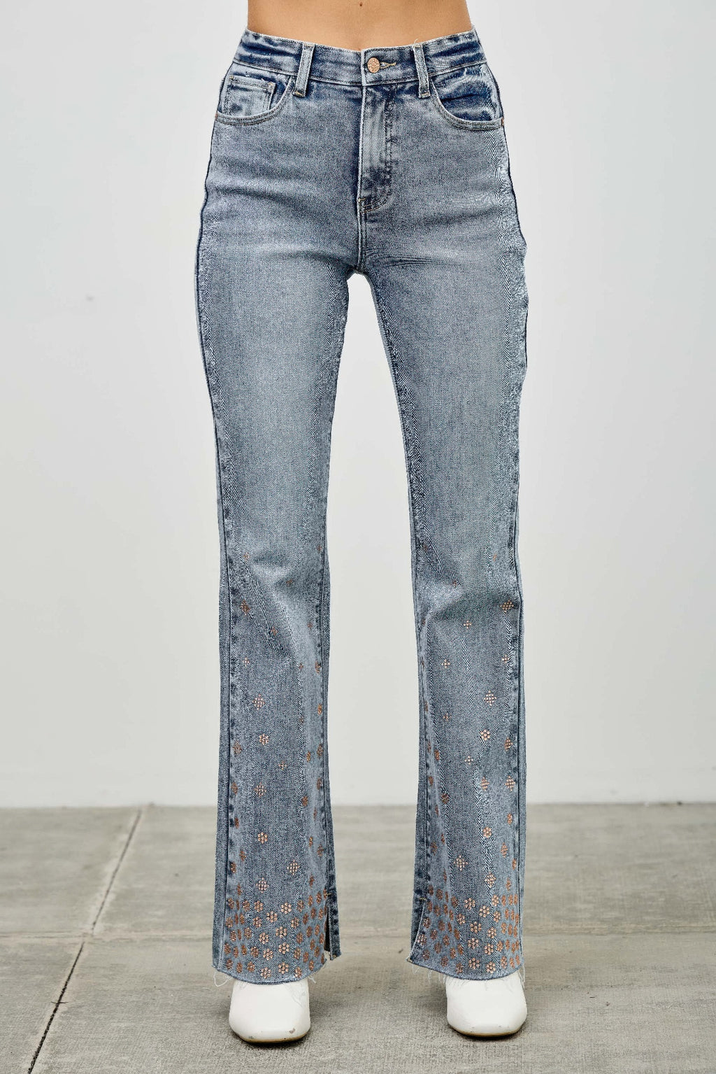 LuxeHaven™ high-rise kick flare jeans with rhinestone embellishments, stretch denim fabric, and flattering flared silhouette.