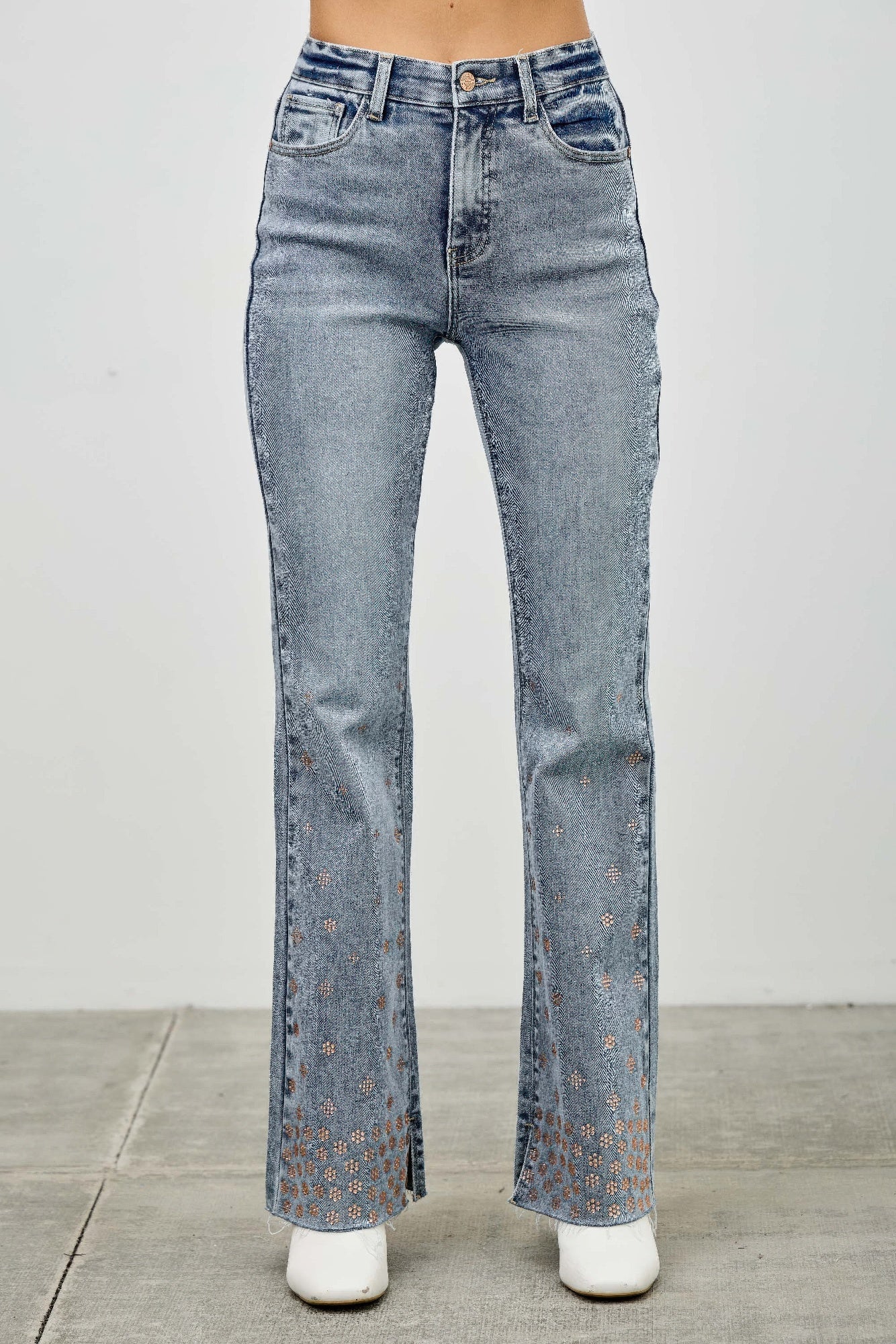 LuxeHaven™ high-rise kick flare jeans with rhinestone embellishments, stretch denim fabric, and flattering flared silhouette.