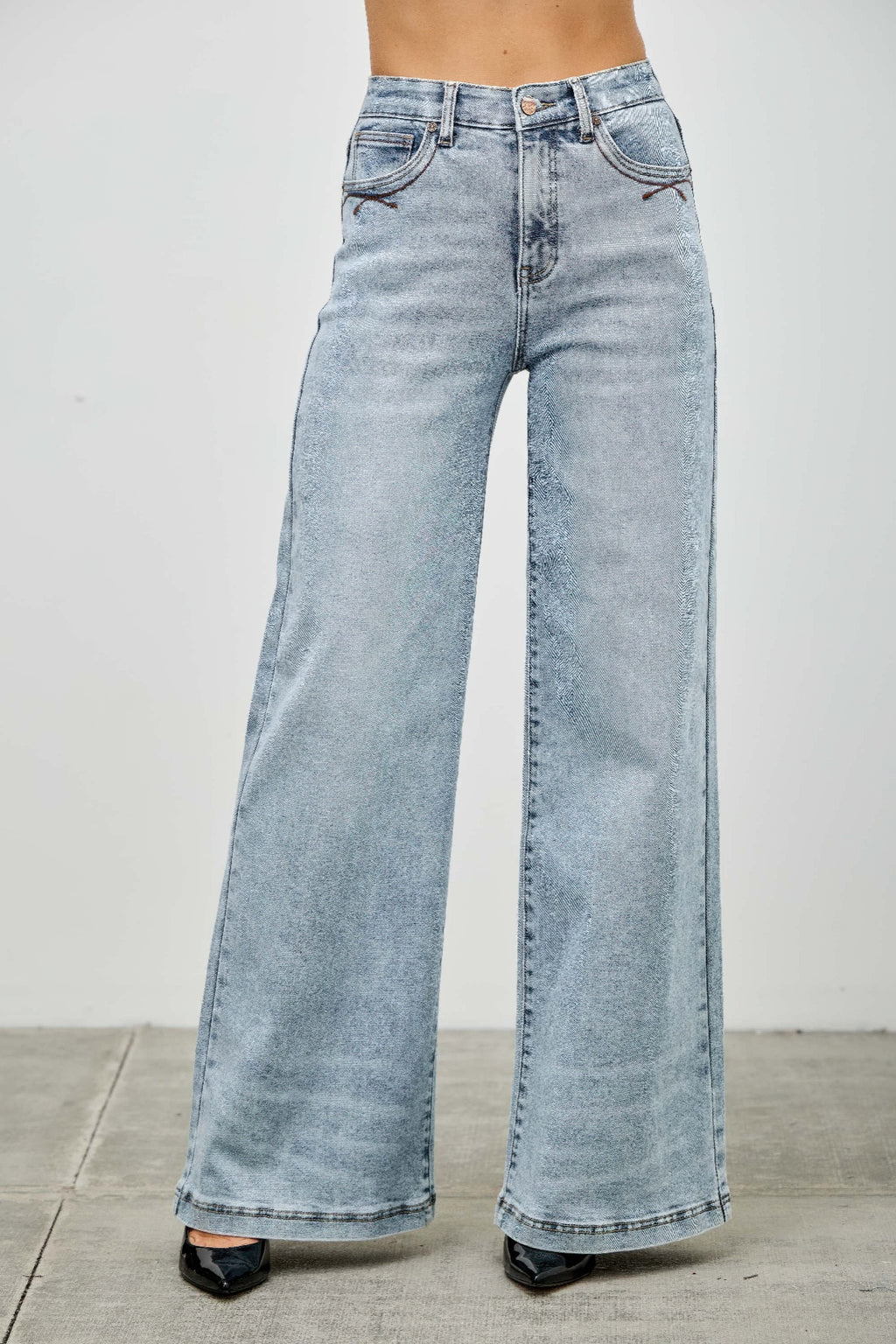 LuxeHaven™ high-rise wide-leg jeans with stretch denim fabric, relaxed silhouette, and classic five-pocket styling.