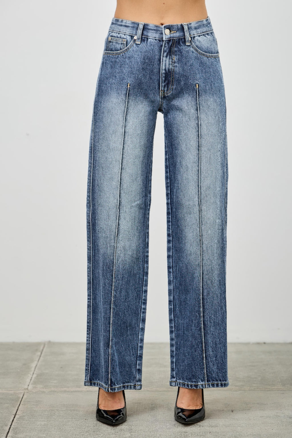 LuxeHaven™ mid-rise straight-leg jeans with pintuck seam detailing, stretch denim fabric, and classic five-pocket styling.