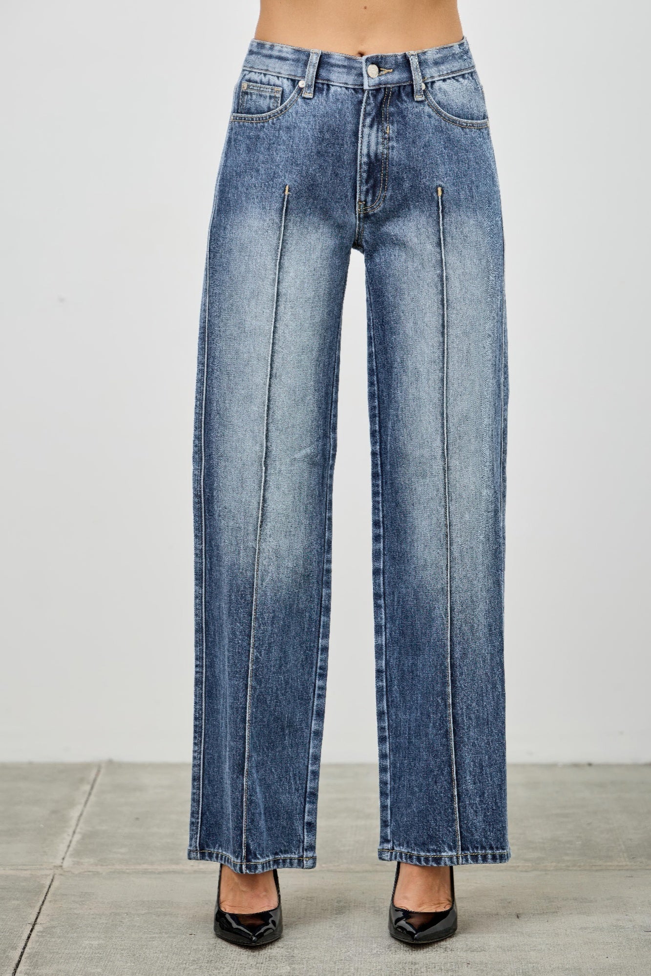 LuxeHaven™ mid-rise straight-leg jeans with pintuck seam detailing, stretch denim fabric, and classic five-pocket styling.