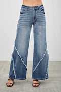 LuxeHaven™ mid-rise wide-leg jeans with frayed seam detailing, stretch denim fabric, and relaxed modern fit
