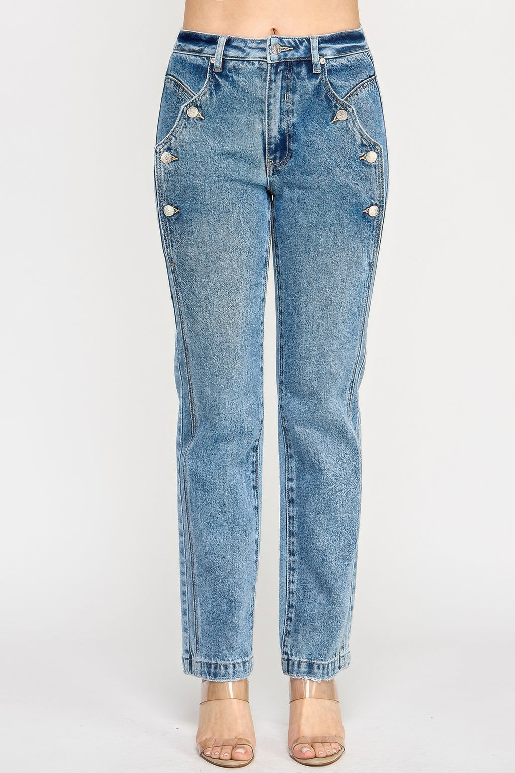 LuxeHaven™ high-rise dad jeans with scallop pocket detail, relaxed straight-leg fit, and classic casual denim styling.