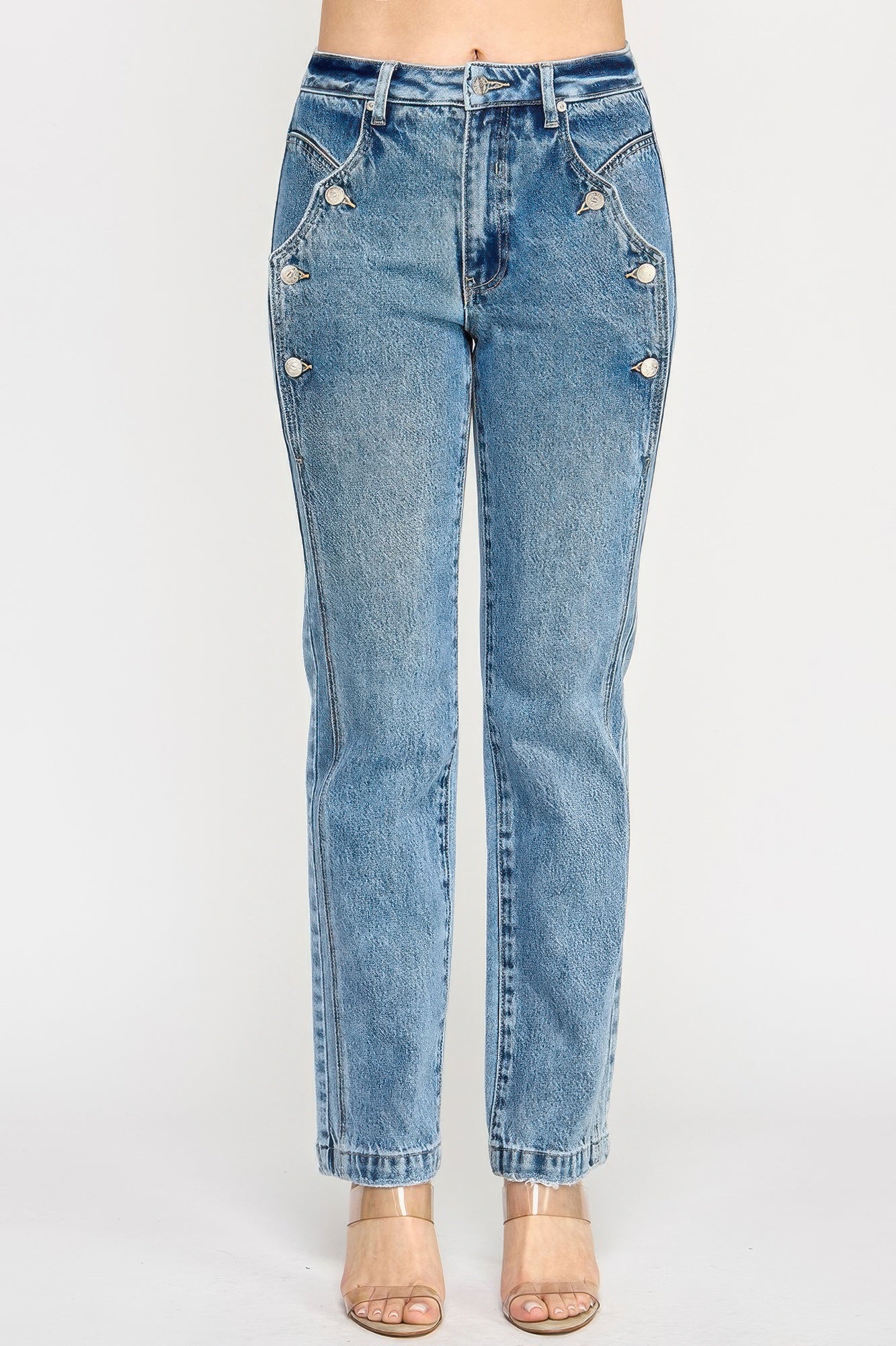 LuxeHaven™ high-rise dad jeans with scallop pocket detail, relaxed straight-leg fit, and classic casual denim styling.
