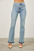 LuxeHaven™ mid-rise flare jeans with released raw hem, stretch denim fabric, and classic five-pocket styling.