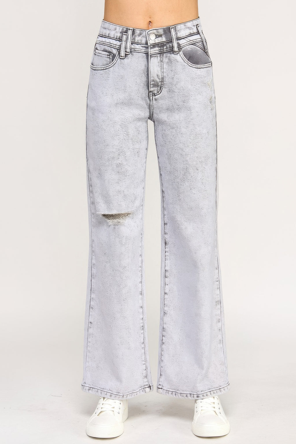 LuxeHaven™ high-rise wide-leg jeans in acid grey wash with subtle distressed detailing and full-length relaxed fit.