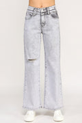 LuxeHaven™ high-rise wide-leg jeans in acid grey wash with subtle distressed detailing and full-length relaxed fit.