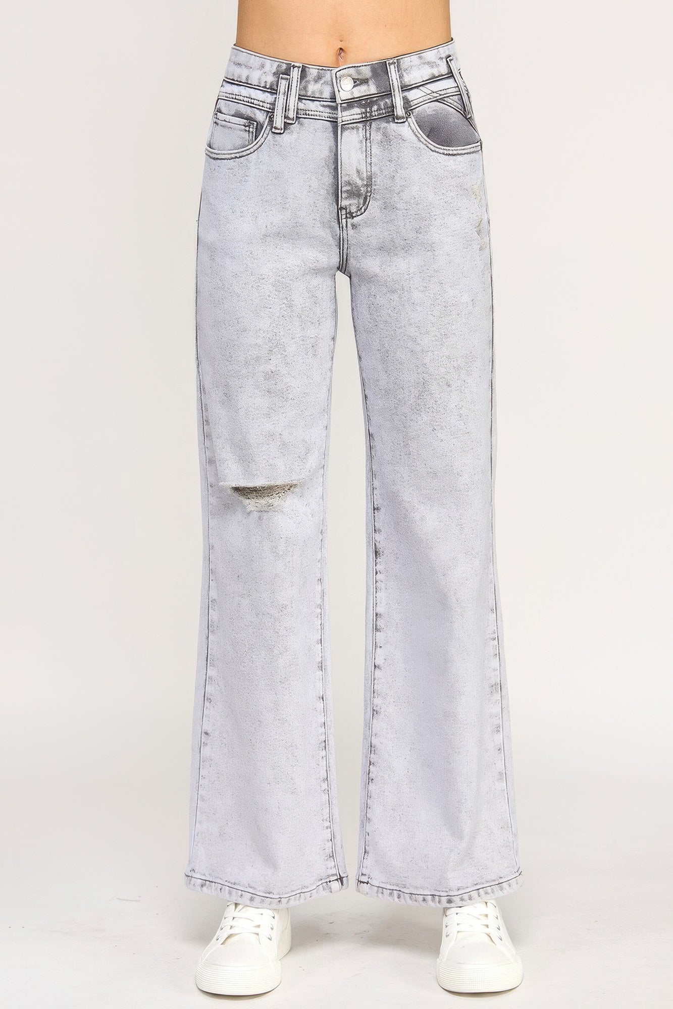 LuxeHaven™ high-rise wide-leg jeans in acid grey wash with subtle distressed detailing and full-length relaxed fit.