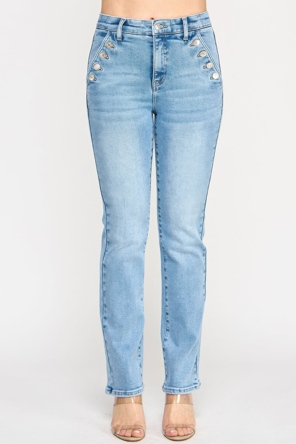 High rise straight leg jeans with button pocket detail and stretch denim fabric