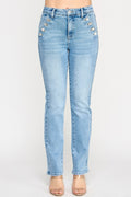 High rise straight leg jeans with button pocket detail and stretch denim fabric