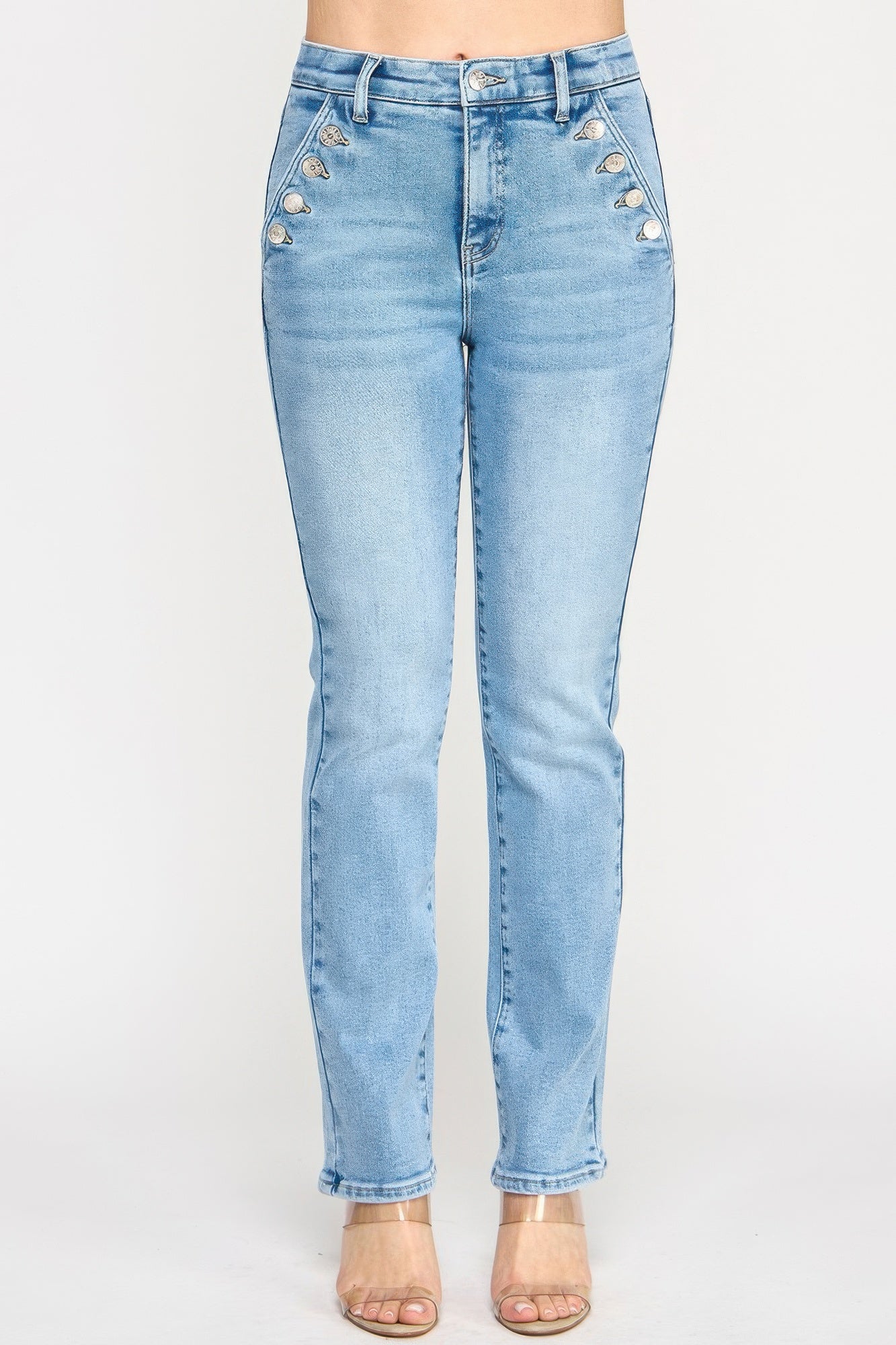 High rise straight leg jeans with button pocket detail and stretch denim fabric