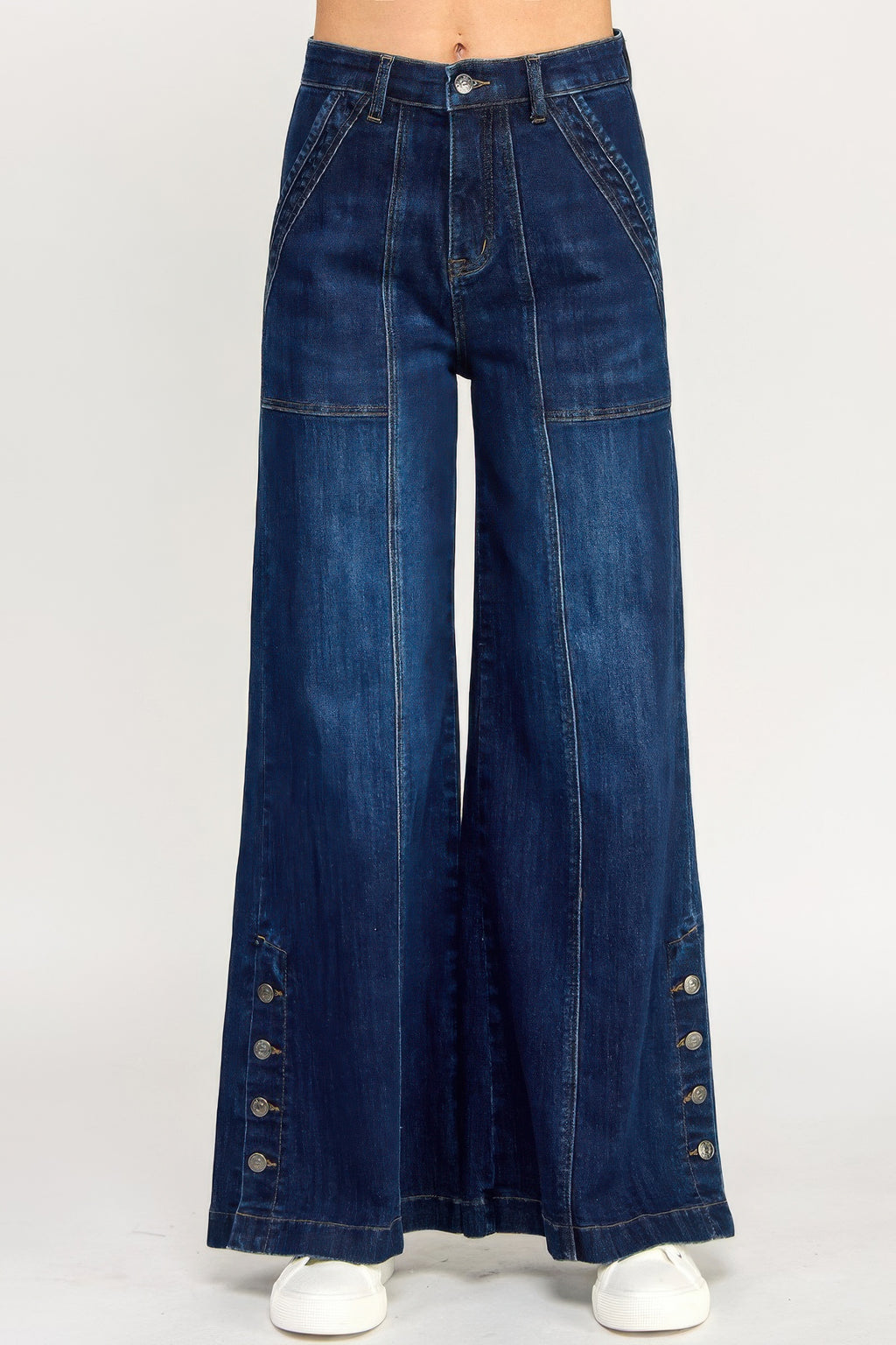 High rise wide leg denim jeans with side button slit detail, structured fit and stretch cotton fabric
