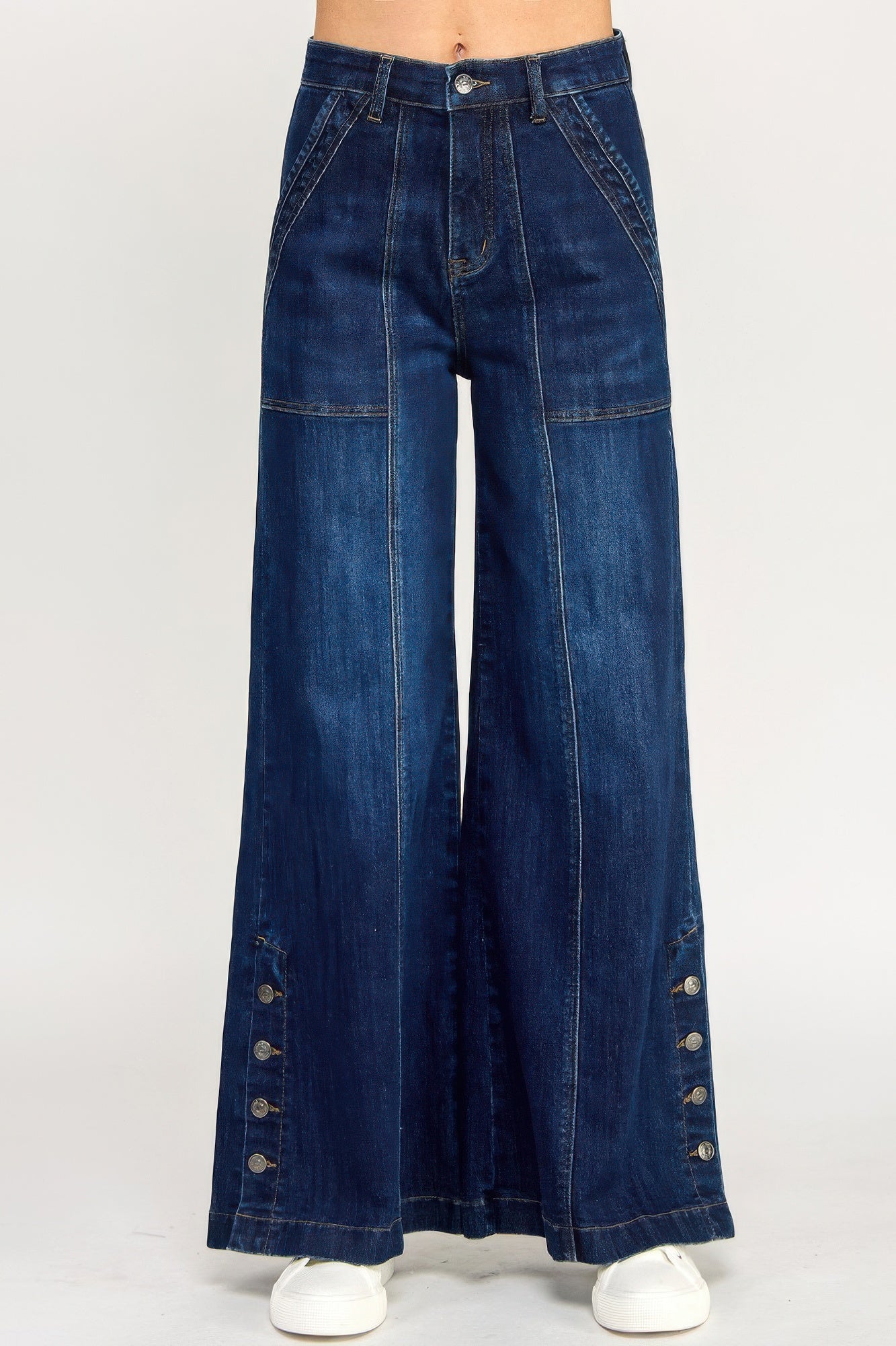 High rise wide leg denim jeans with side button slit detail, structured fit and stretch cotton fabric