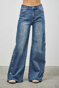 High rise wide leg denim jeans with side snap button slit detail and stretch cotton fabric