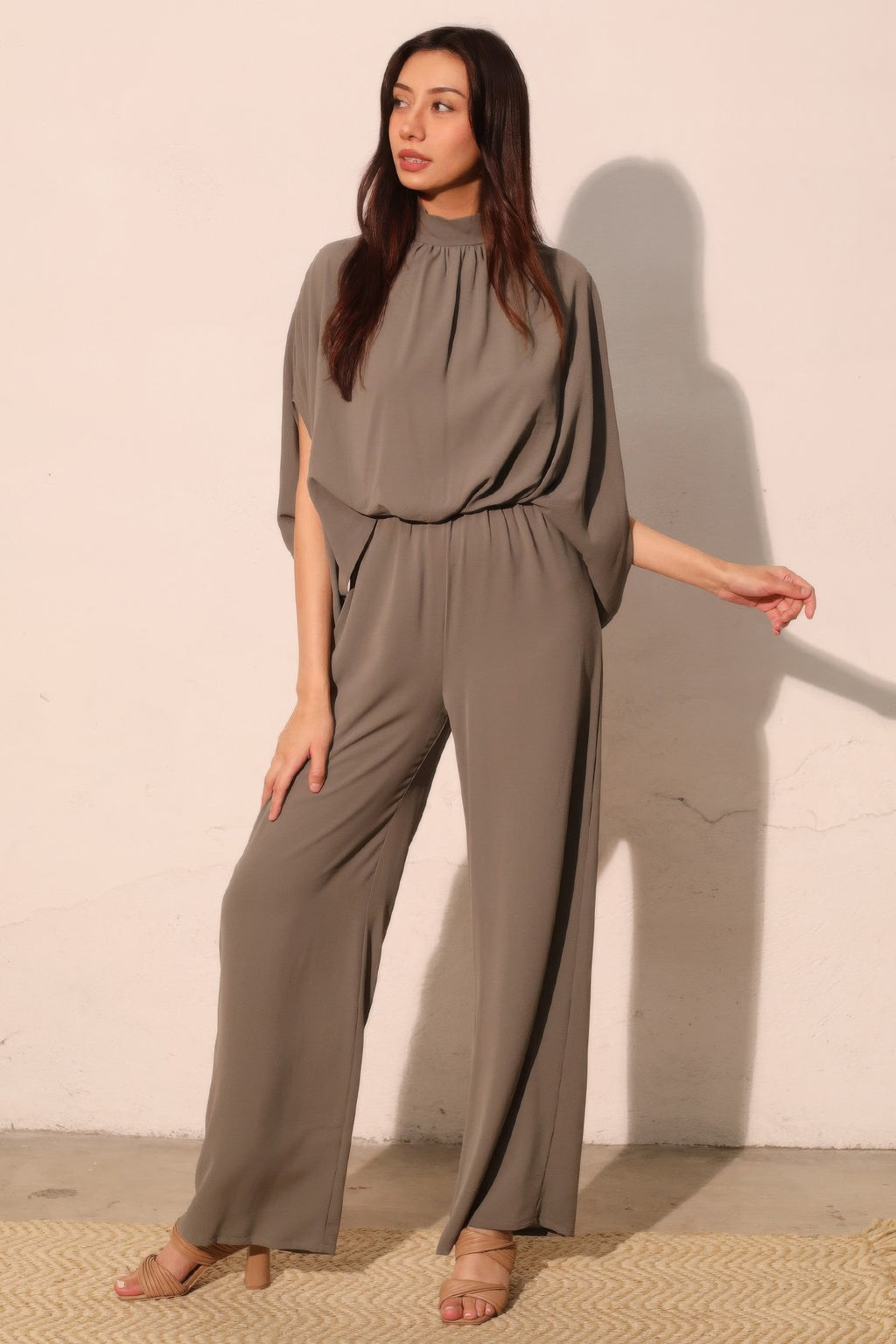 LuxeHaven™ Textured Solid Mock Neck Caftan Jumpsuit | Women’s Relaxed Fit Elegant Wide Leg One-Piece