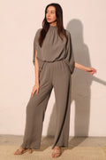 LuxeHaven™ Textured Solid Mock Neck Caftan Jumpsuit | Women’s Relaxed Fit Elegant Wide Leg One-Piece