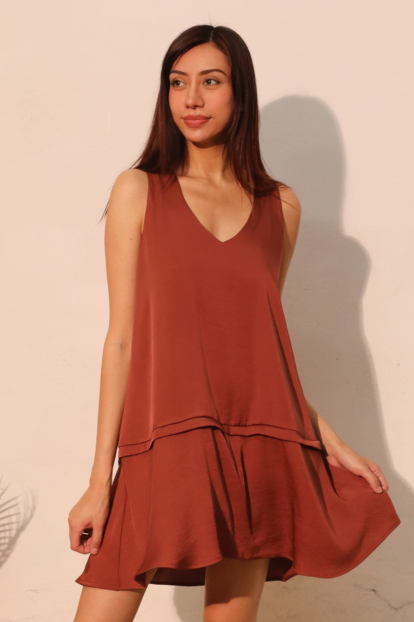 Washed poly silk swing dress with flowing silhouette and soft lightweight drape