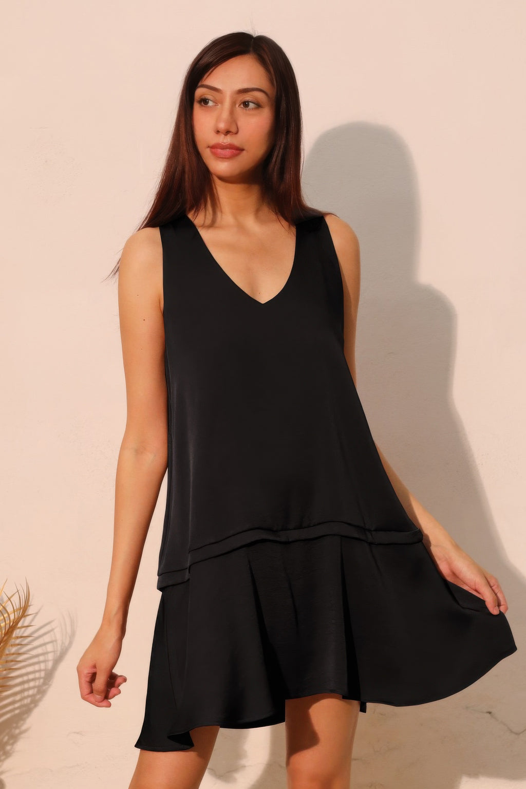 Washed poly silk swing dress with lightweight flowing silhouette and soft drape