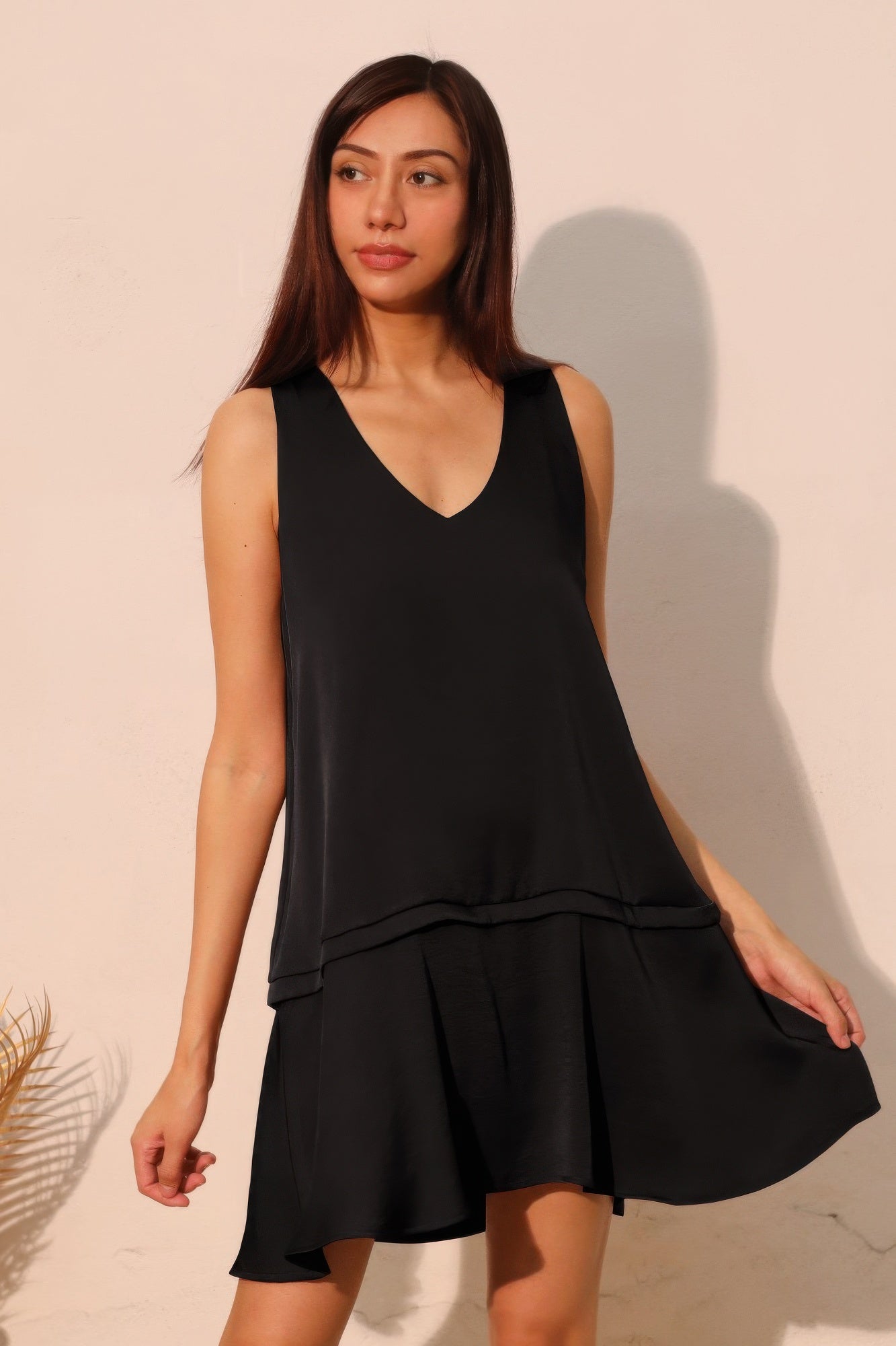 Washed poly silk swing dress with lightweight flowing silhouette and soft drape