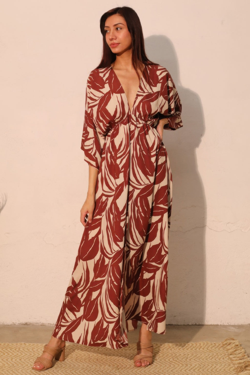 Lucca Leaf kimono maxi dress with tropical print, flowing silhouette, and elastic waist