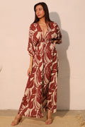 Lucca Leaf kimono maxi dress with tropical print, flowing silhouette, and elastic waist