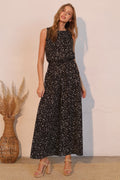 Sleeveless bubble jumpsuit with abstract ink spot print and relaxed flowy silhouette