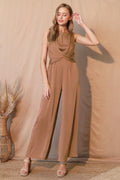 LuxeHaven™ women’s washed poly silk jumpsuit featuring twist-front detail, fluid drape, and elegant relaxed silhouette for sophisticated day-to-night styling.