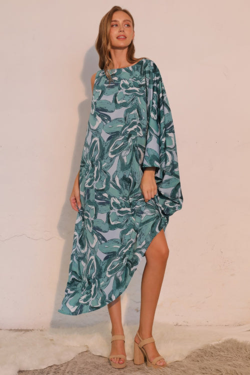 LuxeHaven™ women’s one sleeve dress featuring vibrant Chasing Petals floral print, asymmetrical silhouette, and lightweight flowy fabric for an elegant statement look.