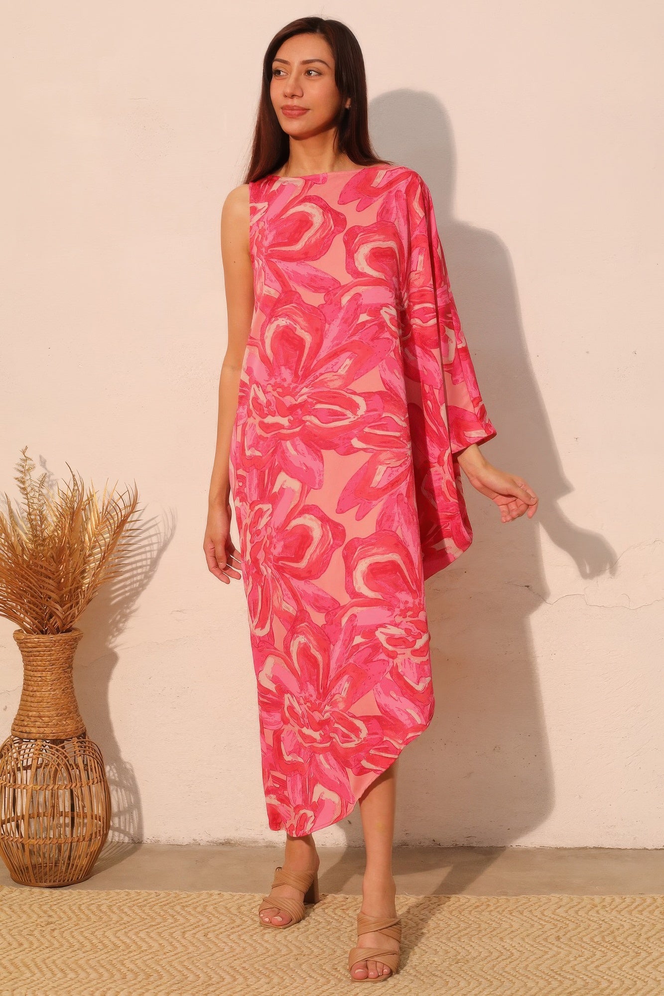 LuxeHaven™ one sleeve women’s dress featuring bold Chasing Petals floral print, flowy silhouette, and asymmetrical modern design for a statement look.
