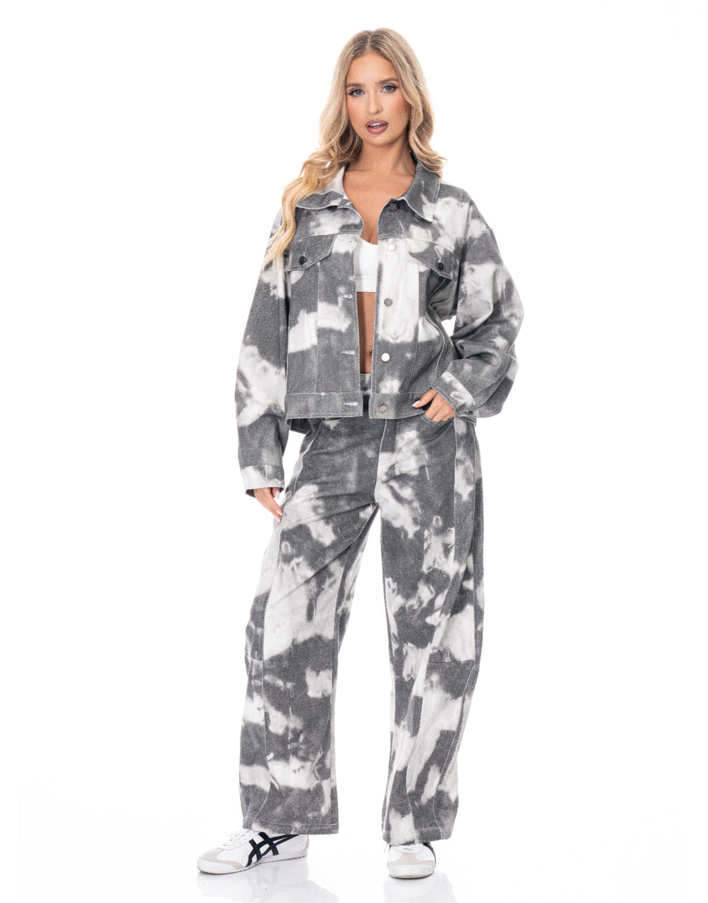 Tie-dye denim jacket with structured silhouette and vibrant allover wash