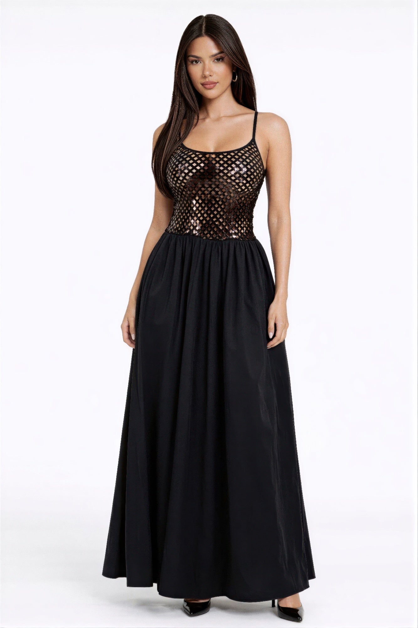 LuxeHaven netted sequin maxi dress front view elegant evening gown