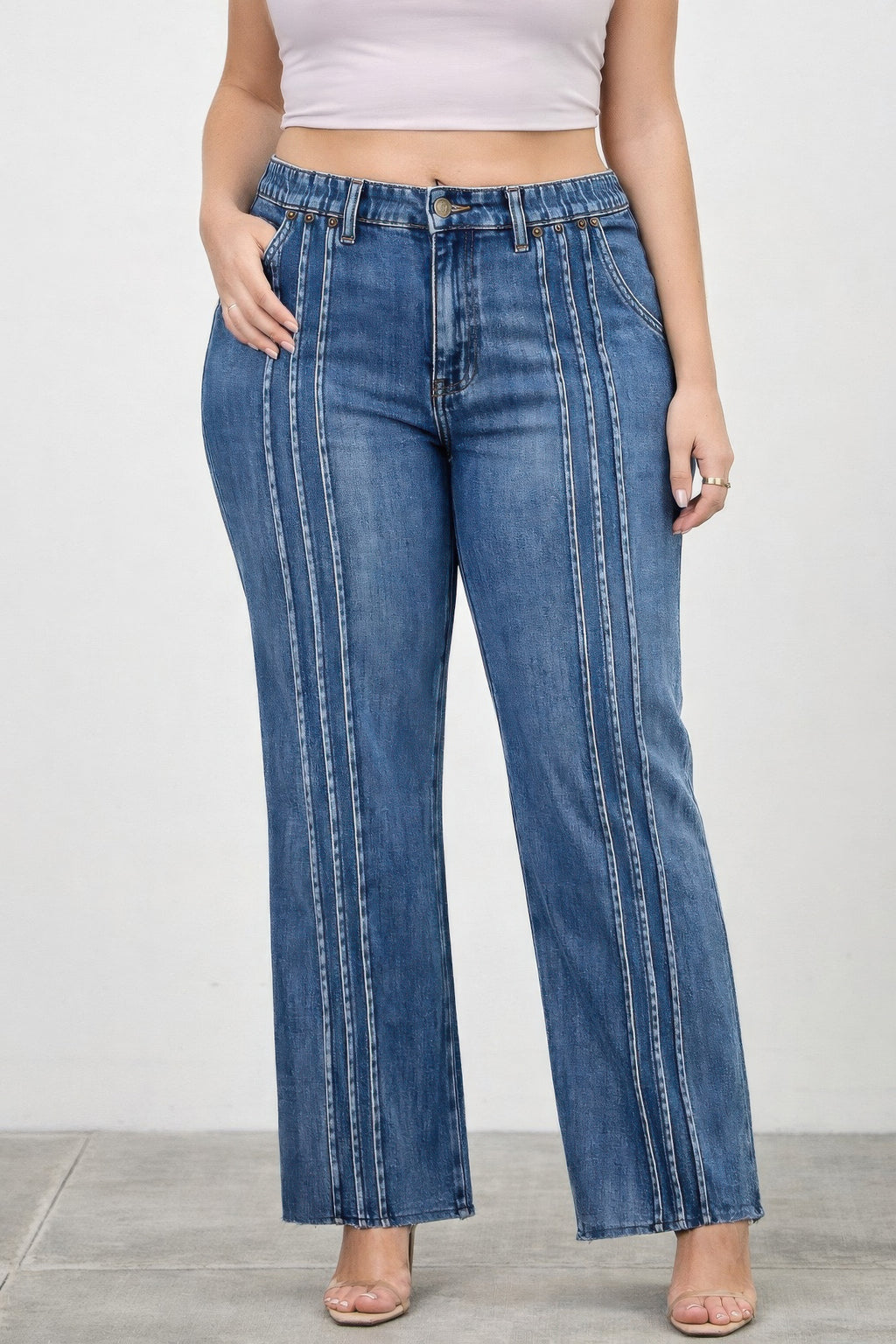 LuxeHaven™ women’s high-rise straight leg jeans featuring front seam detailing, structured silhouette, and premium stretch denim for modern everyday styling.