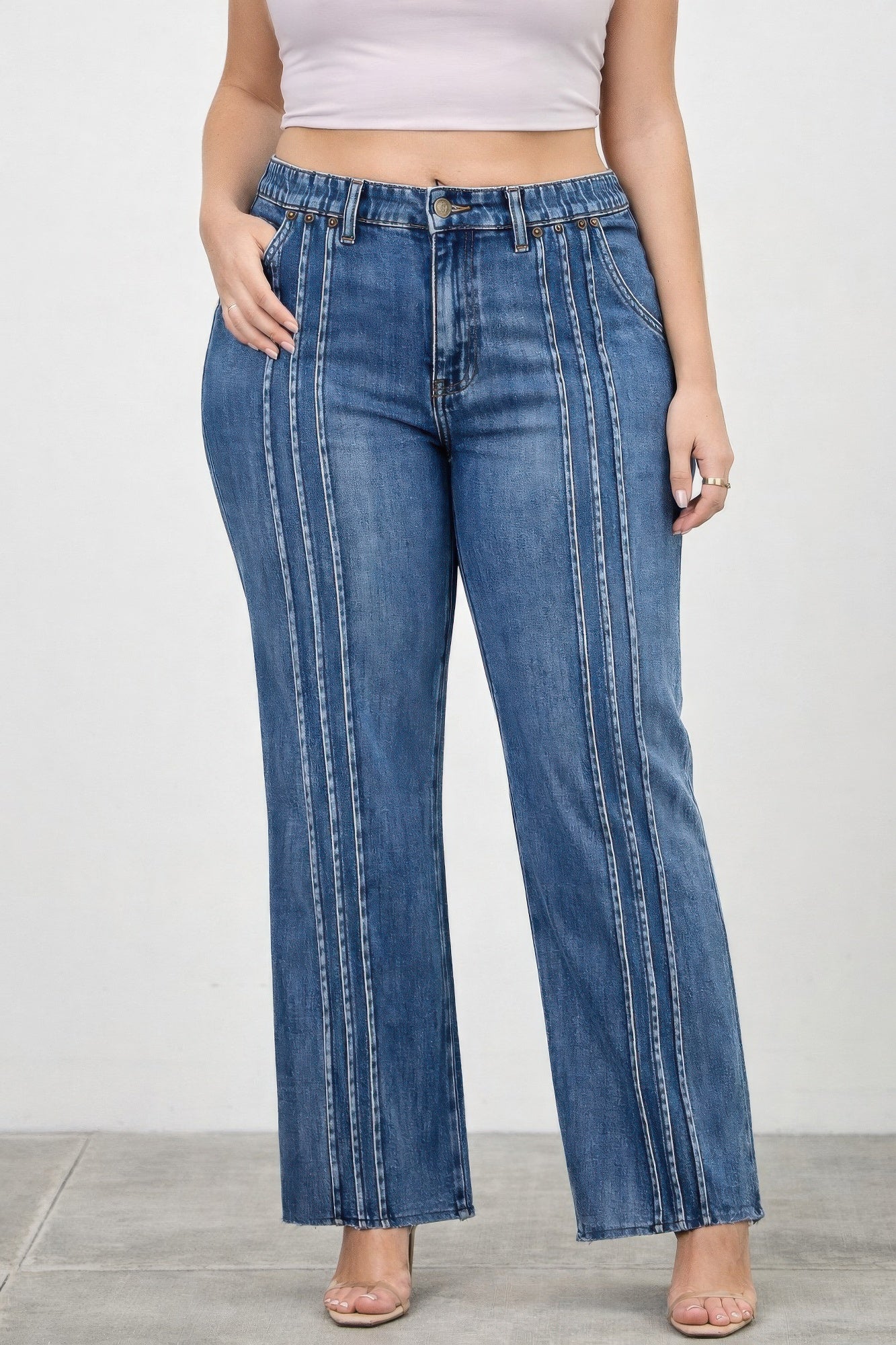 LuxeHaven™ women’s high-rise straight leg jeans featuring front seam detailing, structured silhouette, and premium stretch denim for modern everyday styling.
