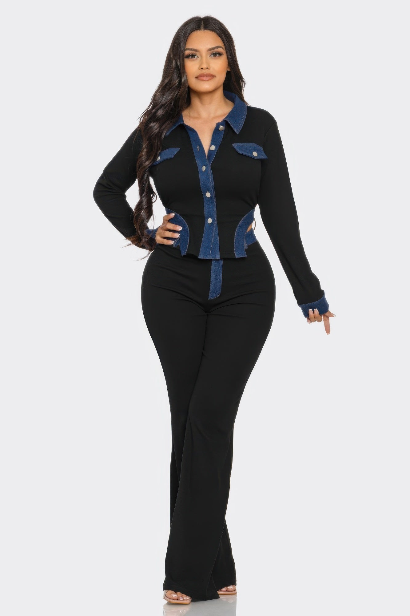 LuxeHaven denim contrast pants set front view two piece outfit women