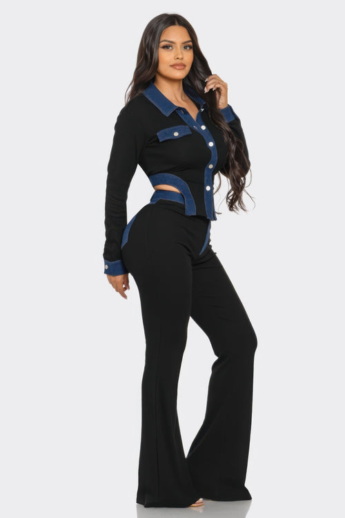 LuxeHaven denim contrast pants set for women two-piece outfit