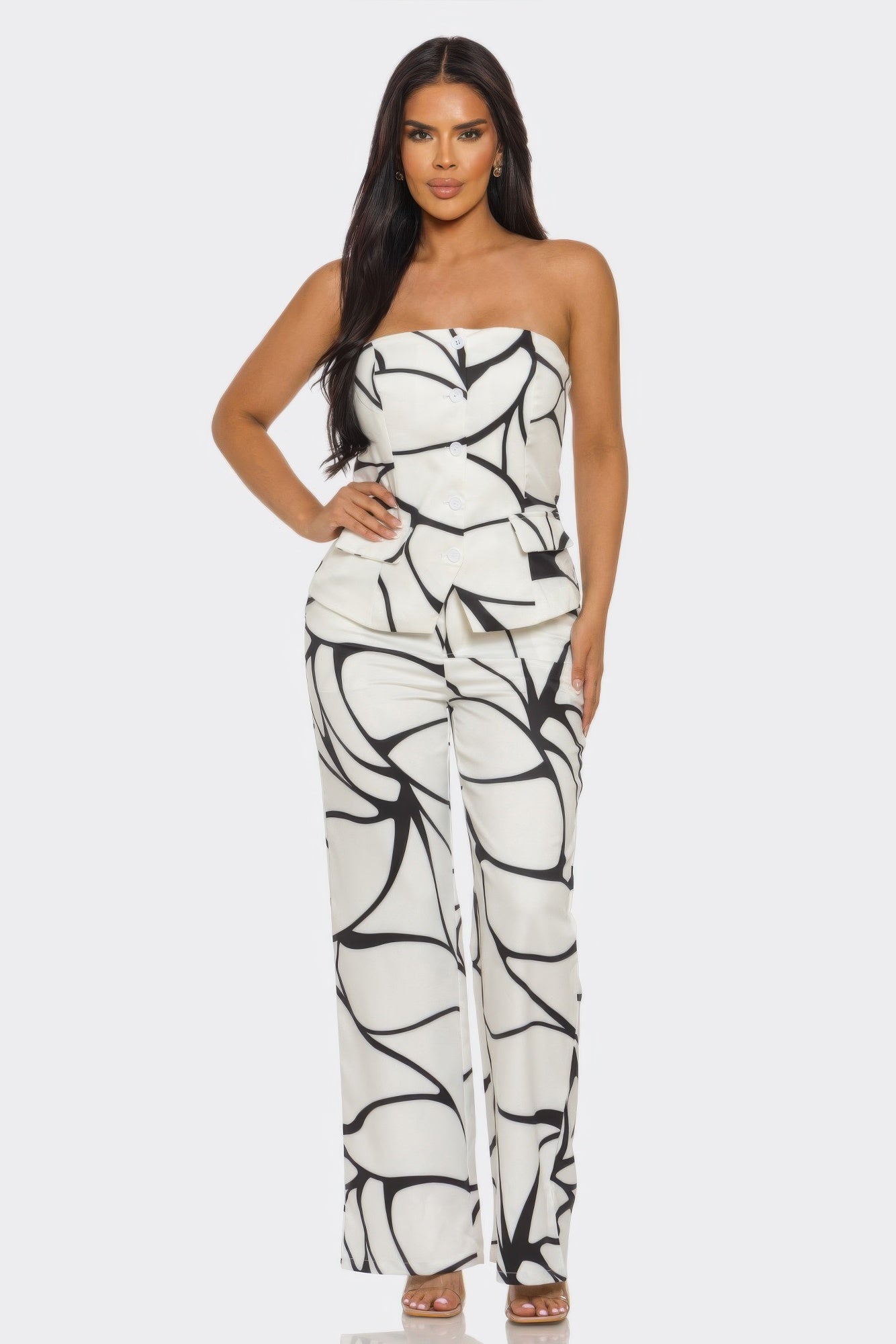 LuxeHaven abstract motion two-piece set front view strapless peplum top wide-leg pants