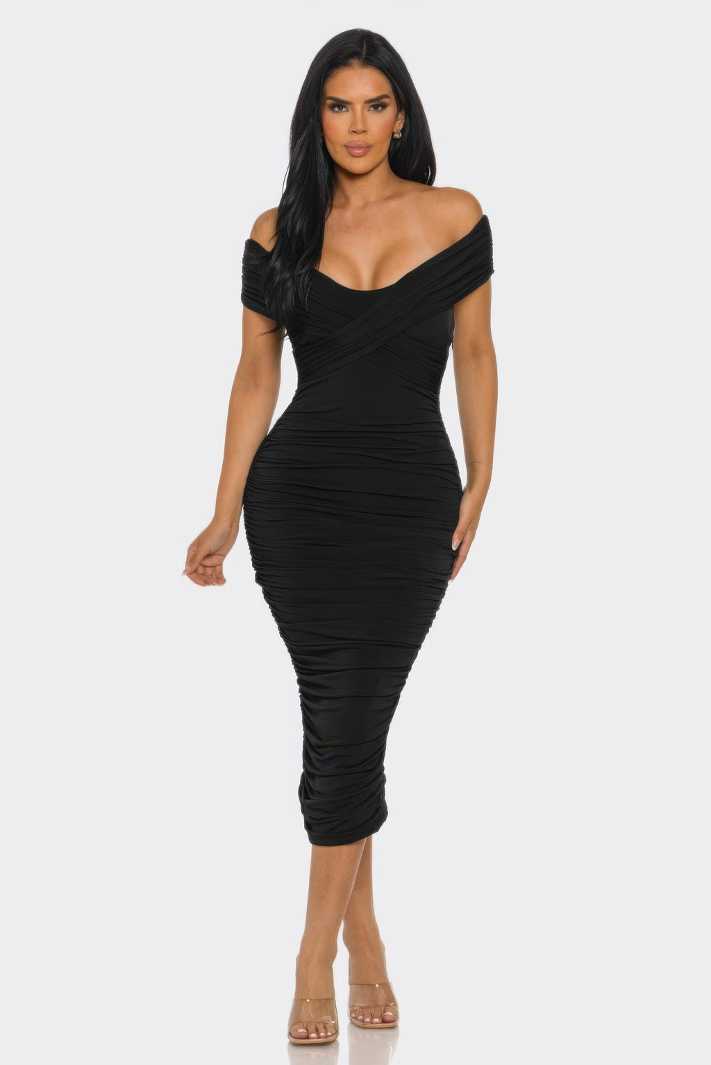 LuxeHaven™ women’s off-shoulder midi dress featuring elegant draping, body-contouring silhouette, and refined evening styling.