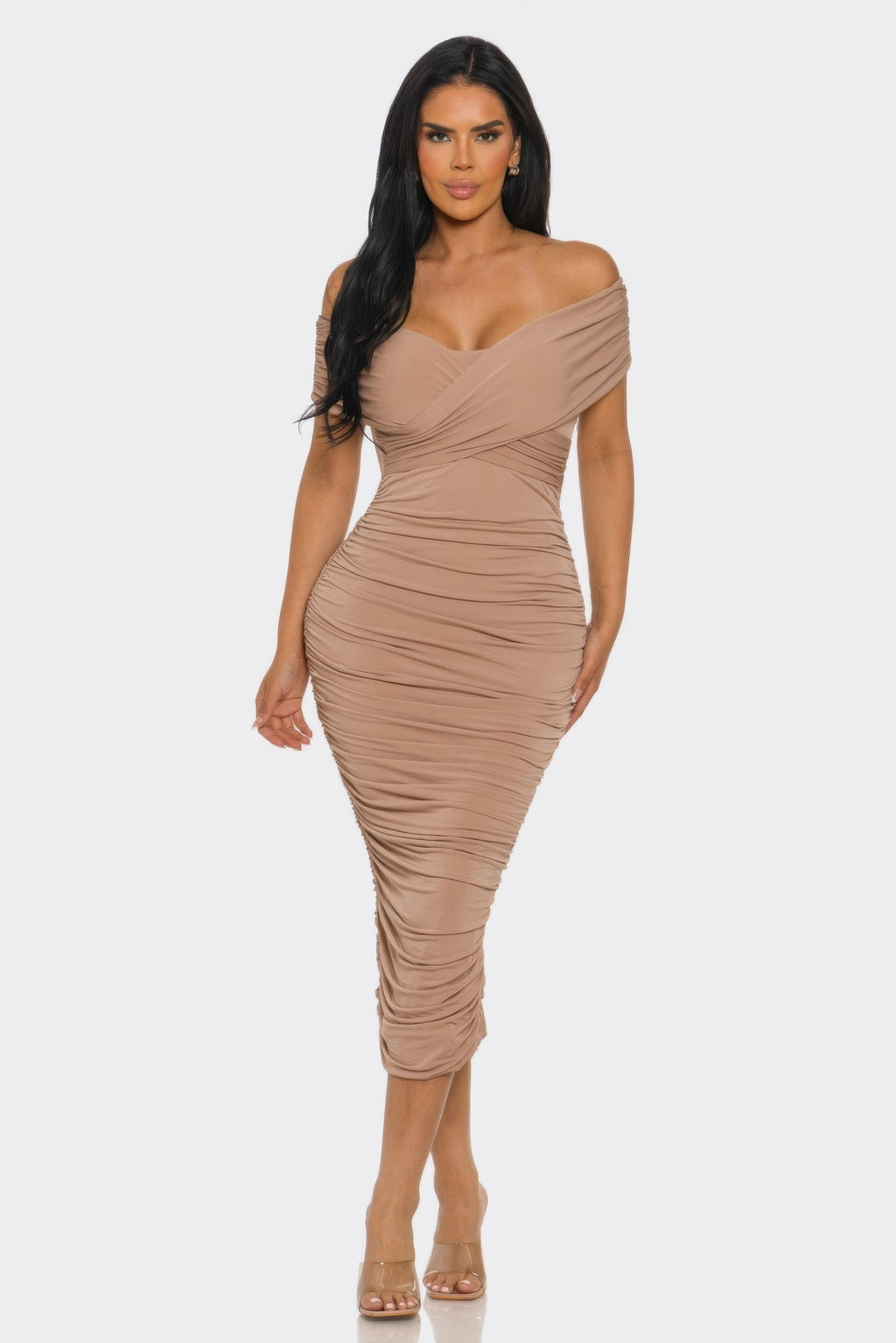 LuxeHaven drape dress off shoulder midi dress front view