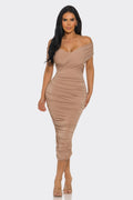 LuxeHaven drape dress off shoulder midi dress front view