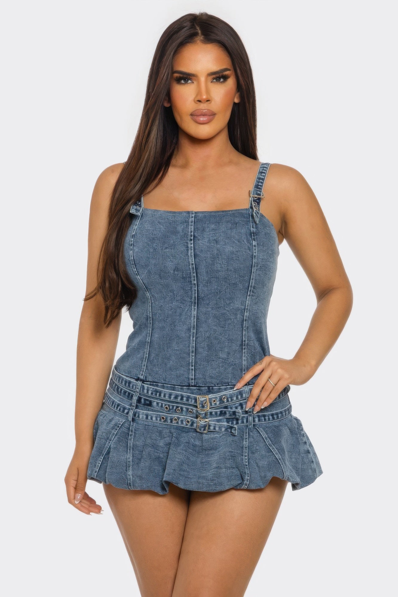 LuxeHaven belted denim mini romper dress front view casual outfit
