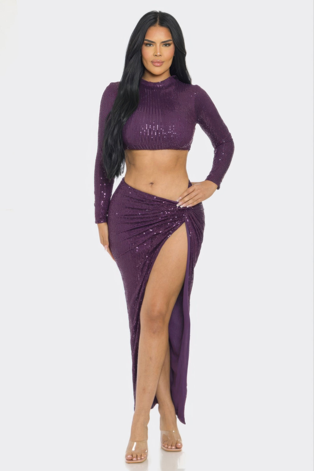 LuxeHaven™ women’s sequin top and skirt set featuring long sleeves, shimmering sequins, and twist-front maxi skirt for glamorous evening styling.