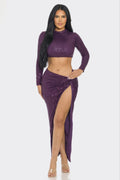 LuxeHaven™ women’s sequin top and skirt set featuring long sleeves, shimmering sequins, and twist-front maxi skirt for glamorous evening styling.