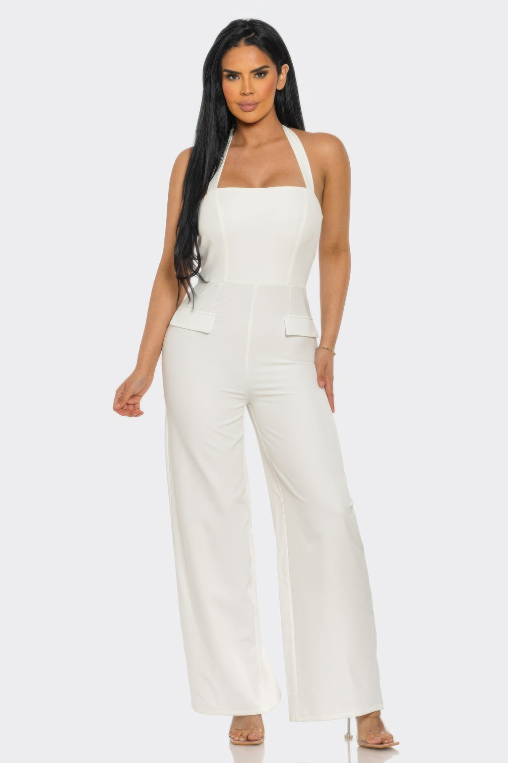 LuxeHaven™ women’s halter neck jumpsuit featuring sleek body-hugging silhouette, open shoulder design, and back zipper closure for elegant statement styling.