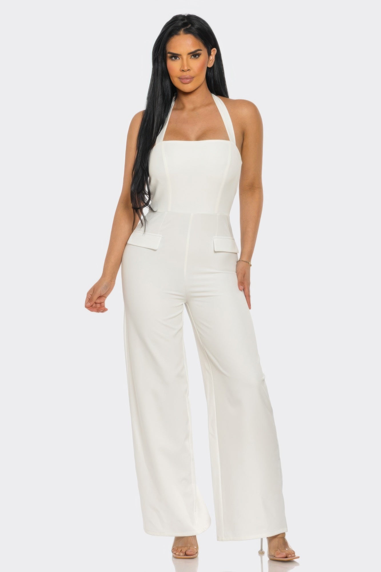 LuxeHaven™ women’s halter neck jumpsuit featuring sleek body-hugging silhouette, open shoulder design, and back zipper closure for elegant statement styling.