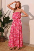 LuxeHaven™ women’s strapless floral maxi dress featuring flowing silhouette, romantic print, and elegant full-length design for special occasion styling.