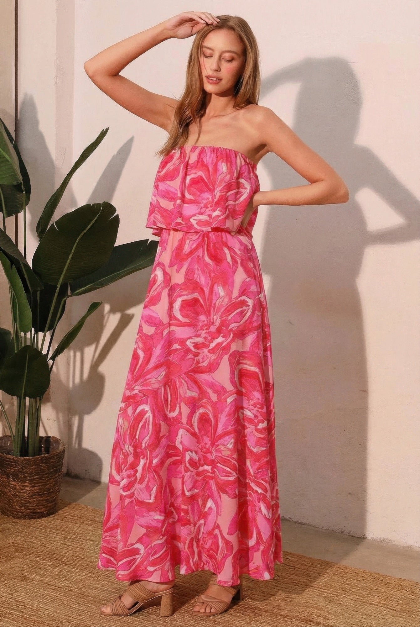 LuxeHaven™ women’s strapless floral maxi dress featuring flowing silhouette, romantic print, and elegant full-length design for special occasion styling.