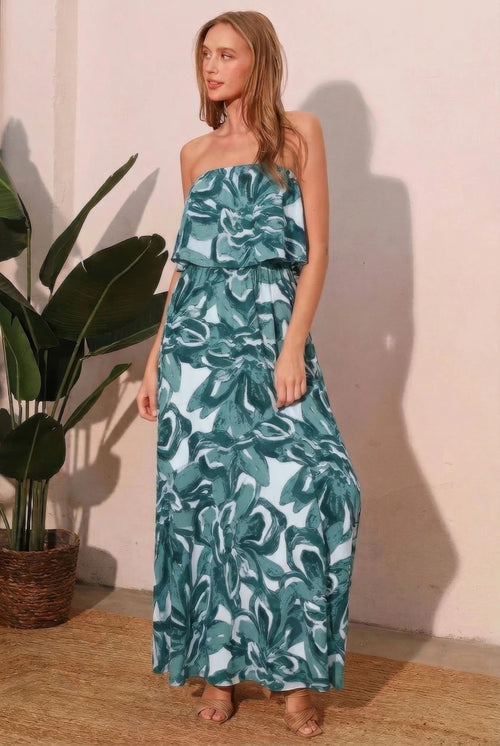 LuxeHaven Chasing Petals Strapless Maxi Dress floral elegant long dress for women